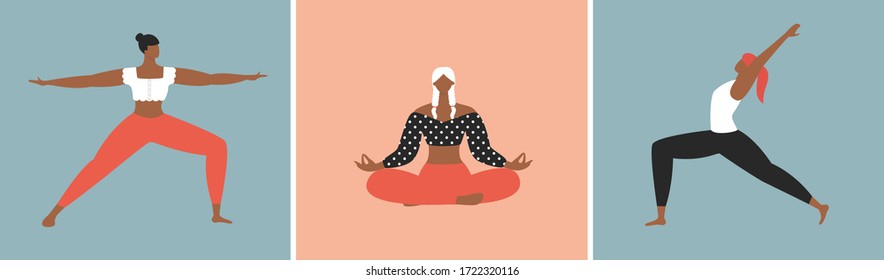 Yoga set. Beautiful women doing yoga, practicing meditation, stretching and working out. Morning gymnastics and fitness. Healthy lifestyle and wellness concept. Flat vector illustration