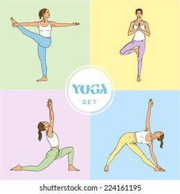 Yoga Set. Yoga class, center, studio. Set of yoga poses (girl in violet, blue, yellow, green and white clothes). Vector yoga illustration. Women in recreation activities. Healthy lifestyle.