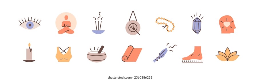 Juego de yoga. Colección de íconos de color para retiro budista, práctica espiritual o meditación de Vipassana. Símbolos esotéricos modernos. Ilustración vectorial de estilo plano aislada en fondo blanco. 