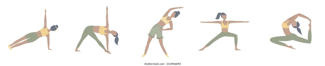 Yoga - set of different poses. Women activities. Woman doing sports, yoga, pilates, fitness. Sport women isolated on white background. Vector flat illustration 