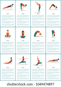 Yoga set of different positions, colorful poster, vector illustration, up and downward dog poses, lotus and chaturanga position, warrior and plank