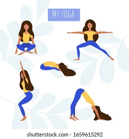 Yoga set of female asanas. Sports, physical activity. Flat vector illustration.