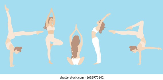 Yoga set. Girl doing yoga on the mat. Meditates at home - quarantine leisure home activities, coronavirus COVID-19 concept. Practice of yoga. Vector illustration in flat style. Young woman meditating