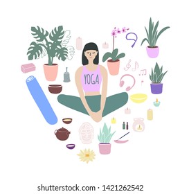 Yoga set. Girl doing yoga. Vector