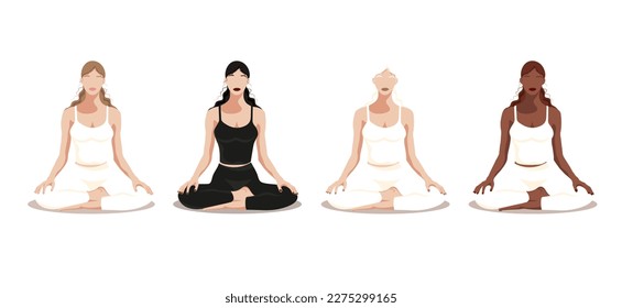 Yoga. Set of a group of girls of different nationalities practicing yoga in the lotus position on a white background. The concept of meditation, yoga and a healthy lifestyle. Faceless style. Vector.