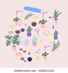 Yoga set. Yoga at home, yoga mat, plants, candles.