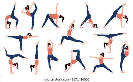 Yoga set. Isolated on white background woman yoga. Healthy lifestyle. Vector illustration