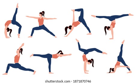 Yoga set. Isolated on white background woman yoga. Healthy lifestyle. Vector illustration