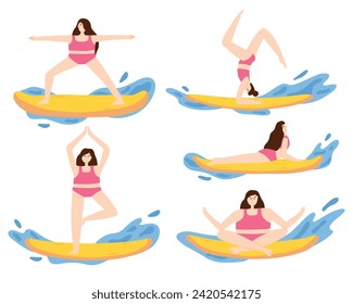 Yoga set on sups. Collection of women doing yoga on saddles. Vector illustration.