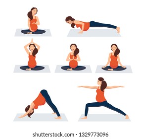 yoga set Pregnant girl doing yoga, exercise, exercise. Active pregnancy. Physical education with the baby. Body care. Vector illustration on white background. Woman in different poses, asanas