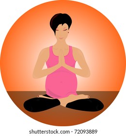 Yoga set. The pregnant woman, sits in a lotus pose, is engaged in yoga.