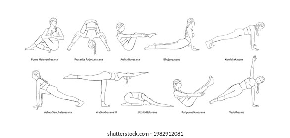 Yoga set with sanscrit asana names. Yogi woman full body workout including core muscles, legs and arms. Sketch vector illustration isolated in white background