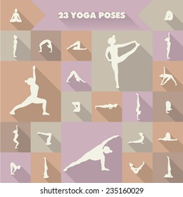 Yoga. Set of twenty three asanas (yoga poses).