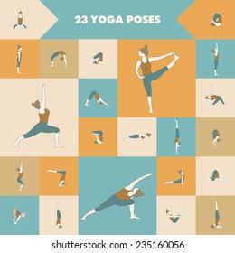 Yoga. Set of twenty three asanas (yoga poses).