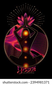 yoga- a set of various spiritual, mental and physical practices. female silhouette with elements of sacred geometry and space in which meditates in the lotus position.