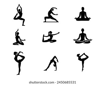 Conjunto de yoga Arte vectorial color negro. Colección de Vector de yoga. Día Internacional del Yoga. Personas. Fitness. Ejercicio. Conjunto de logotipo de yoga. Premium art. Salud.