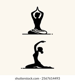 Yoga set vector art black color. International Yoga Day. People. Fitness. Pilates. Yoga logo set. Premium icon set. Health.
