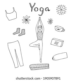 Yoga set, vector doodle illustration, woman, tree pose, yoga clothes and accessories