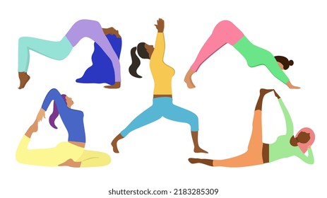 Yoga Set of vector icons. Multiracial group of girls in different positions