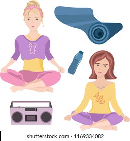 Yoga set vector illustration isolated on white background, two happy girls meditating in lotus poses with music player, water bottle and carpet for yoga.