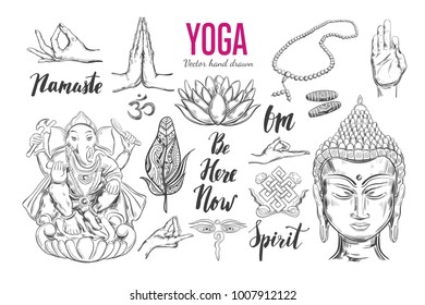 Yoga set. Vector Isolated hand drawn objects. Spiritual Symbols of Buddhism, Hinduism. Tattoo design , yoga logo, boho print, poster. Inspirational calligraphy, lettering