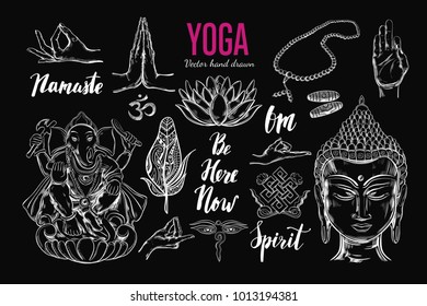 Yoga set. Vector Isolated hand drawn objects. Spiritual Symbols of Buddhism, Hinduism. Tattoo design , yoga logo, boho print, poster. Inspirational calligraphy, lettering