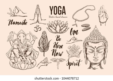 Yoga set. Vector Isolated hand drawn objects. Spiritual Symbols of Buddhism, Hinduism. Tattoo design , yoga logo, boho print, poster. Inspirational calligraphy, lettering