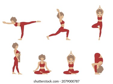 Yoga set. Woman different in yoga poses. Set of vector illustrations isolated on white background.