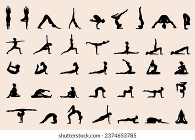 Yoga set  woman silhouette, 37 poses, vector illustration