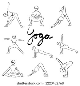 Yoga set with women in different poses vector illustration sketch doodle hand drawn with black lines isolated on white background