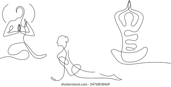 Yoga Set. Workout. Health. Sports. Girl in sports. Vector drawing. Unique illustration. Drawing with one line. Sports print.