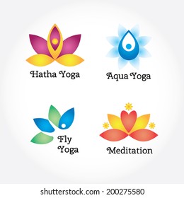 Yoga signs set, aqua, fly, meditation. Flowers and body elements. Modern vector illustration and design element