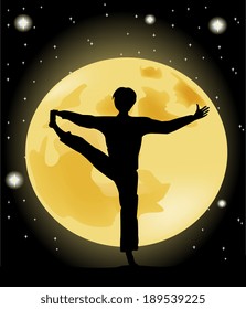 Yoga silhouette against the starry sky and the full moon 