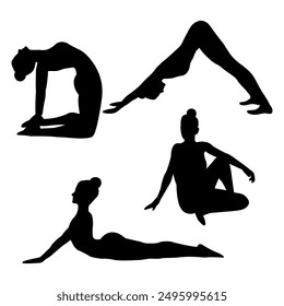 yoga silhouette, asanas, cobra pose, fish lord pose, camel pose, dog pose face down