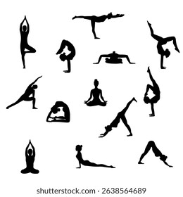 Yoga Silhouette Collection with Diverse Meditation and Balance Poses, Black Silhouettes of Female Yoga Poses for Wellness and Flexibility