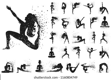 Yoga Silhouette collection. Set of Sport  Fitness woman silhouette with stars isolated on white
