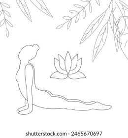 Yoga. Silhouette of a girl in dog pose, looking up. Outline black and white illustration.