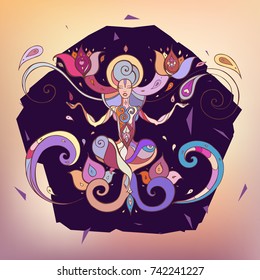 Yoga Silhouette. Hand drawn vector illustration. Meditation in lotus pose Padmasana