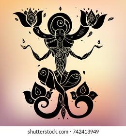 Yoga Silhouette. Hand drawn vector illustration. Meditation in lotus pose Padmasana