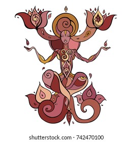 Yoga Silhouette. Hand drawn vector illustration. Meditation in lotus pose Padmasana