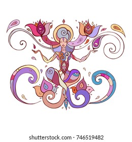 Yoga Silhouette. Hand drawn vector illustration. Meditation in lotus pose Padmasana