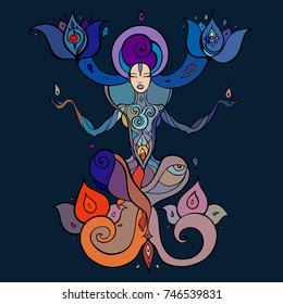 Yoga Silhouette. Hand drawn vector illustration. Meditation in lotus pose Padmasana