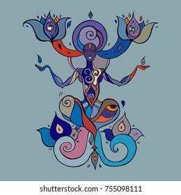 Yoga Silhouette. Hand drawn vector illustration. Meditation in lotus pose Padmasana