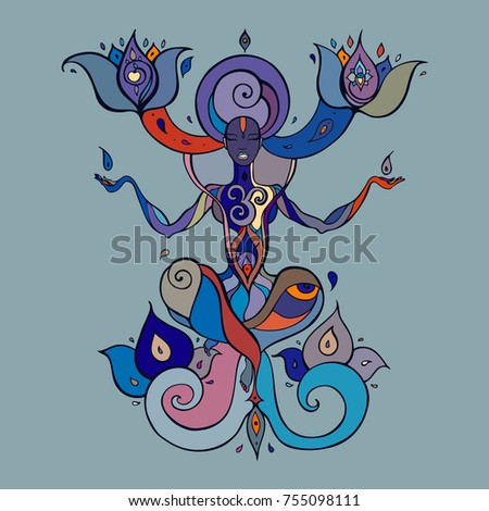 Yoga Silhouette. Hand drawn vector illustration. Meditation in lotus pose Padmasana