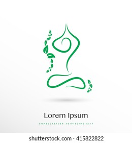 YOGA SILHOUETTE ICON WITH LEAVES, VECTOR LOGO / ICON