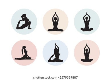 Yoga Silhouette Icons Set, Meditation and Fitness Poses Vector.