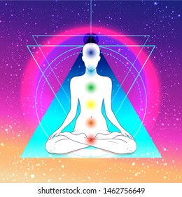 Yoga silhouette over colorful neon vibrant background. Vector illustration. Vintage composition. Indian, Buddhism, Spiritual motifs. Tattoo, yoga, spirituality.  Futuristic vector in 1990s style.