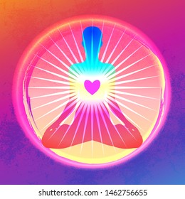 Yoga silhouette over colorful neon vibrant background. Vector illustration. Vintage composition. Indian, Buddhism, Spiritual motifs. Tattoo, yoga, spirituality.  Futuristic vector in 1990s style.