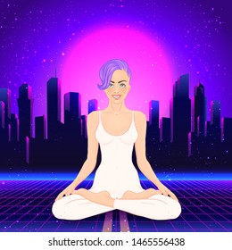 Yoga silhouette over colorful neon vibrant background. Vector illustration. Vintage composition. Indian, Buddhism, Spiritual motifs. Tattoo, yoga, spirituality.  Futuristic vector in 1990s style.