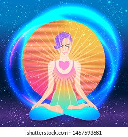Yoga silhouette over colorful neon vibrant background. Vector illustration. Vintage composition. Indian, Buddhism, Spiritual motifs. Tattoo, yoga, spirituality.  Futuristic vector in 1990s style.